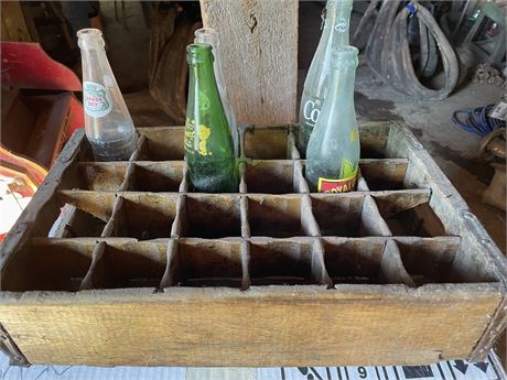 5 VINTAGE GLASS POP BOTTLES WITH WOOD BOX