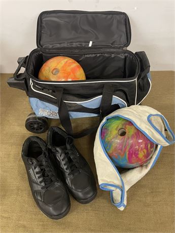 Wheeled Bowling Bag w/ 2 Balls, Size 13M Shoes, and Ball Carrier,