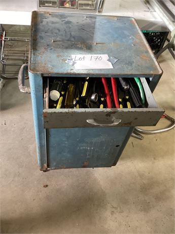 Metal Storage on Wheels w/ assortment of tools