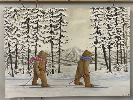 Two Bears Skiing In The Woods Painting by Saskia Ewen-Fox