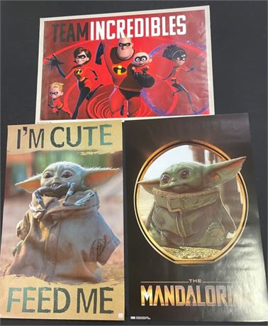 2 Mandalorian and 1 Incredibles Posters, 1 Frame, 22.5x34