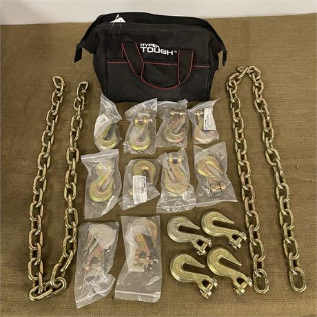 A Dozen New 3/8" Clevis Hooks and Two 50" Chains in a Tote Bag