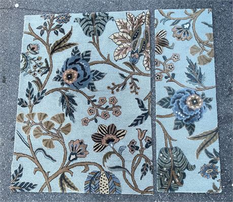 Hooked Blue Floral Wool Rug and Runner, 60x84 and 26"x82"