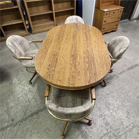 Brass and Oak Finish Kitchen/Dining Table w/ 4 Upholstered Chairs