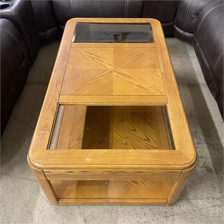 Oak Rolling Coffee Table, 51x28x17, missing one glass insert