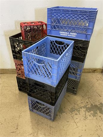 10 Rectangular Milk Crates and a Coke Crate