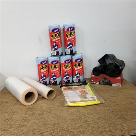 Shop Towels, Shrink Wrap, Large Leaf/Garbage Bags, Safety Vest