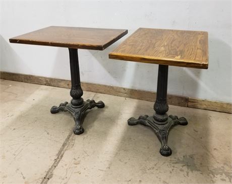 Vintage Cast Iron Base Table Pair w/ Wood Top - 30x22x30