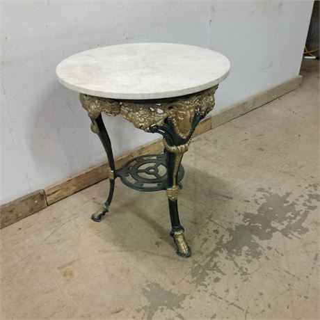 Vintage Cast Iron Table w/ Marble Top  - 24"D x 29"H