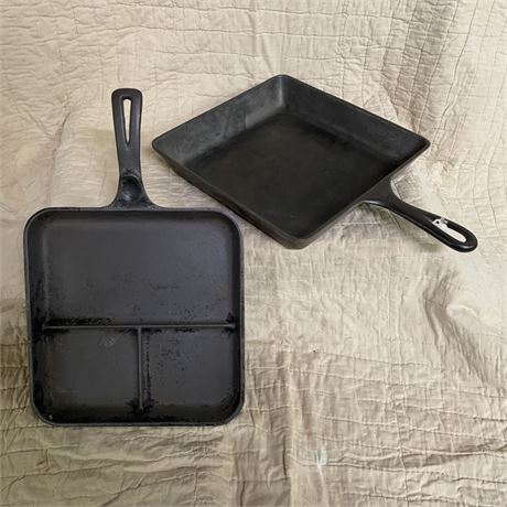 Vintage Wagner Cast Iron Bacon & Egg Skillet & Square Pair 9" & 9½"- 1218B