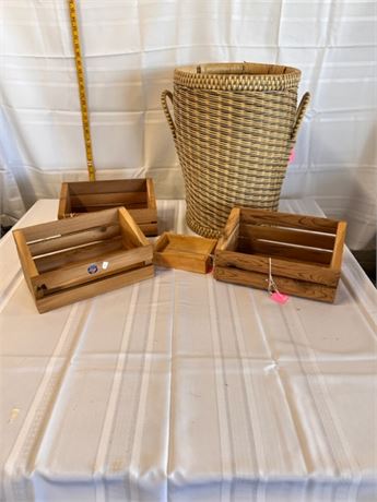 woven floor basket and smalll wood boxes