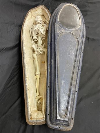 Antique Metal Infant/Child Casket w/ Skeleton - 43x14x10