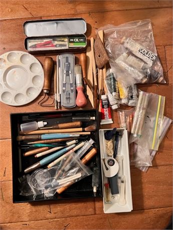 artist's supplies - brushes and protractors and misc