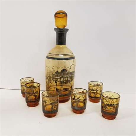 Antique Liquor Decanter + Cordial Glasses