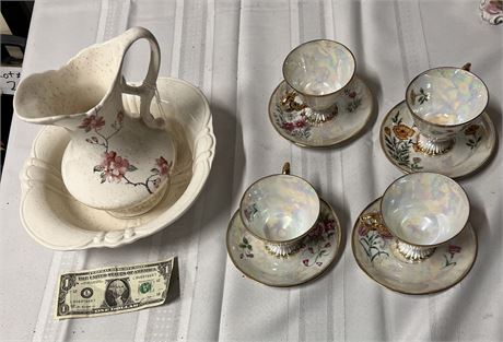 Teacups with saucers + small bowl and picture