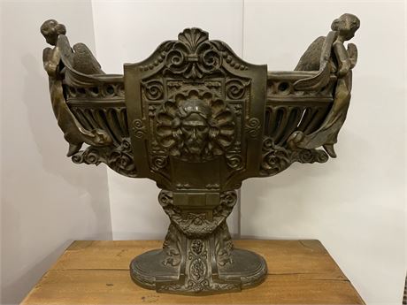 Antique Cast Bronze Religious Style Jardiniere/Revival Urn/Planter - 17x13x6