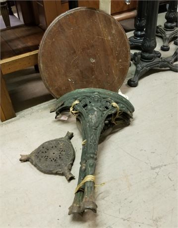 Antique 3 Leg Cast Iron Table w/ Legs, Wood Top, Base Plate no hardware  - 28"⬆️