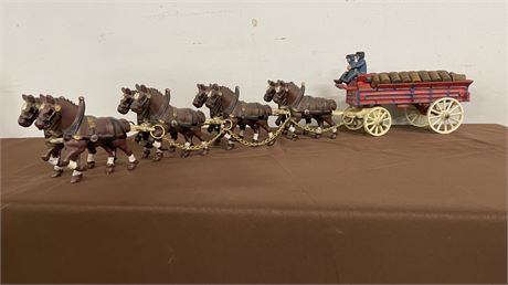 Antique Cast Iron Clydesdales w/ Keg Wagon & Drivers - 31x6