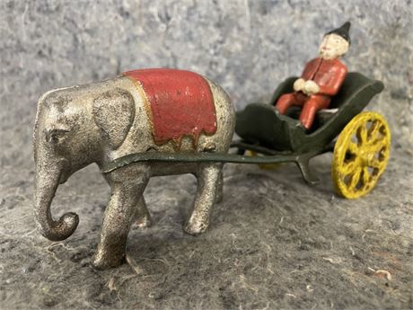 Antique Cast Iron elephant Driver & Cart - 7x3