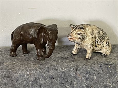 Antique Pig & Elephant Cast Iron Coin Bank Pair -