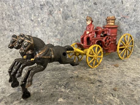 Antique Cast Fire Engine Driver & Horses - 10x4