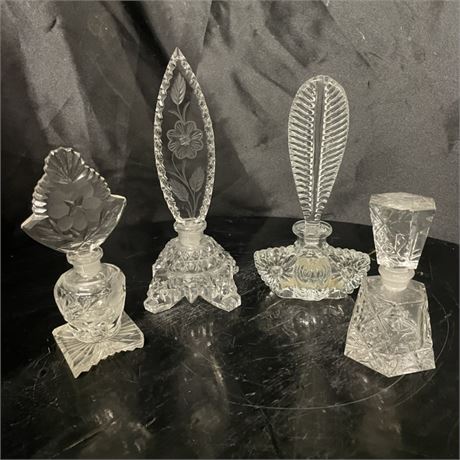 Vintage Etched Crystal & Cut Glass Perfume Bottles w/ Faceted Stoppers