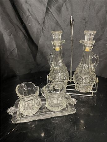 Vintage Cream Pitchers & Vinegar/Cruet Set w/ Holder Etched & Cut