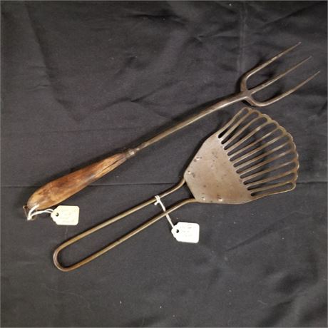 Antique Iron Fork & Slotted Metal Spoon