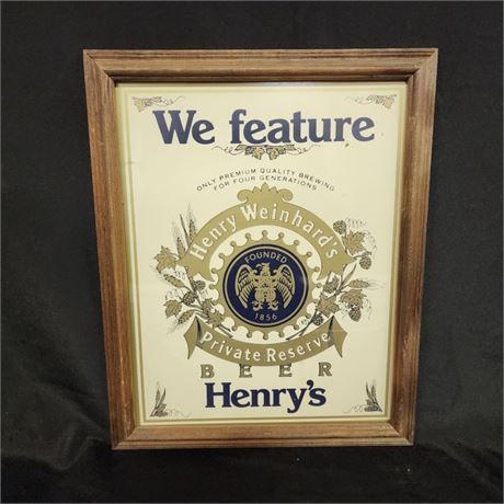 Vintage Framed Henry Weinhards Glass Sign - 12x16