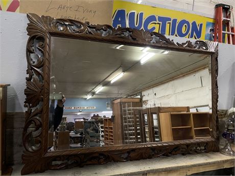 Large Antique Beveled Mirror w/ Hand Carved Wood Frame - Need TLC