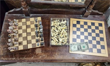 Vintage Chess Sets - 1 hand Carved stone Missing 3 Pcs & 1 + Tournament Set