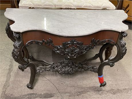 Antique Marble Top Hall/Accent Table - (Leg is repaired) 55x23x36