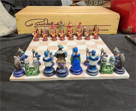 Vintage Cast Metal Chess Pieces & Marble Board - 14x14