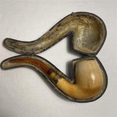 Antique Full Bent Prince Meerschaum Pipe w/ Lined Leather Case & Real Amber Stem