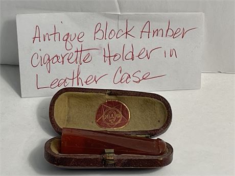 1890-1902 Antique Block Amber Cigarette Holder w/ Leather Case