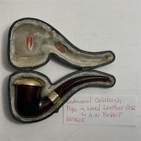 Antique Redmanol Calabash Pipe w/ Lined Leather Case by AW Bishop