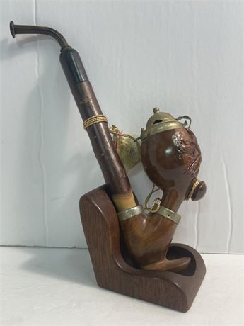 Small German Hunters Pipe w. Carved Wood Bowl & Wind Cap