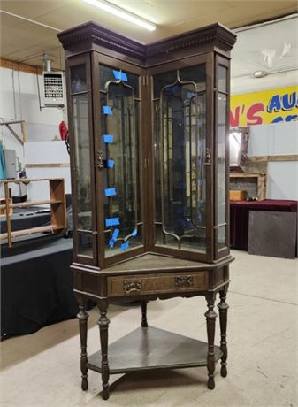 Tall Antique Lighted Corner Hutch - Needs Glass & Trim Work