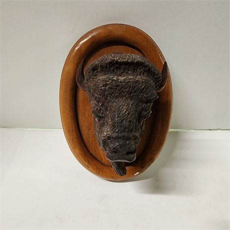 Mini Carved Wood Bison Head Wallhanger with Artist...5"x6"