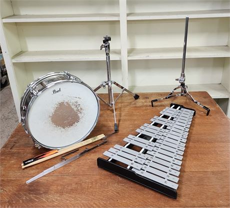 Pearl Snare Drum/Xylaphone/New Drum Sticks/Stands/Case...12"