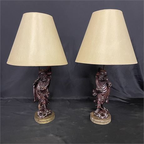 Awesome Antique Hand Carved Wood Figurine Table Lamp Pair...32" Tall