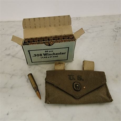 Vintage U.S. Military Ammo Pouch & .308 Winchester Ammo...20rds