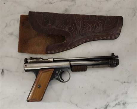 Vintage Benjamin Franklin Model 117 Pump Air Pistol with Tooled Leather Holster