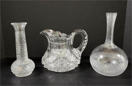 Assorted Vintage Crystal/Cut Glass Pitcher & Vase Trio