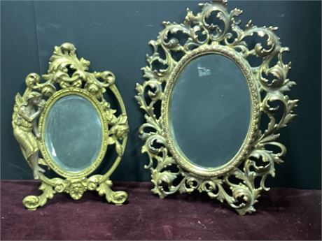 Antique Brass Framed Mirror Pair - 8x11, 10x13