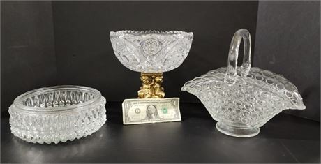 Assorted Vintage Crystal/Cut Glass Large Bowl (stand needs work), Basket Trio