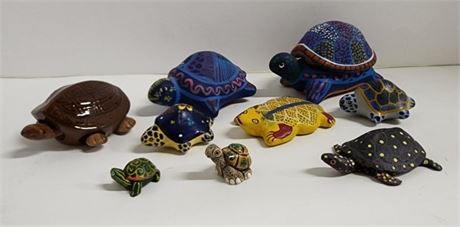 Collection of Hand Painted Gourd & Mache Turtles