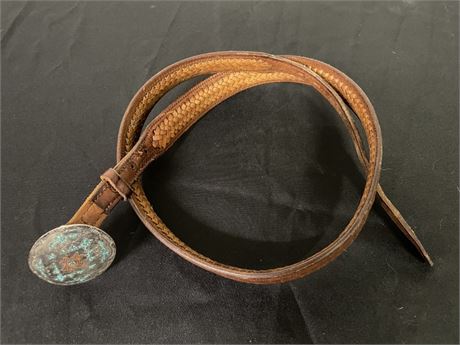 Vintage Silver Buckle Inlaid with Turquoise and Coral on Woven Leather Belt