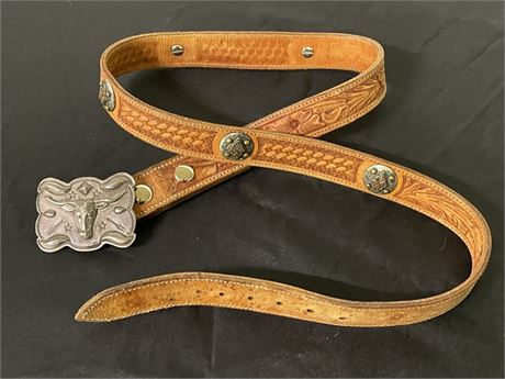 Vintage Hand Tooled Leather Belt w/ Conches and Longhorn Buckle