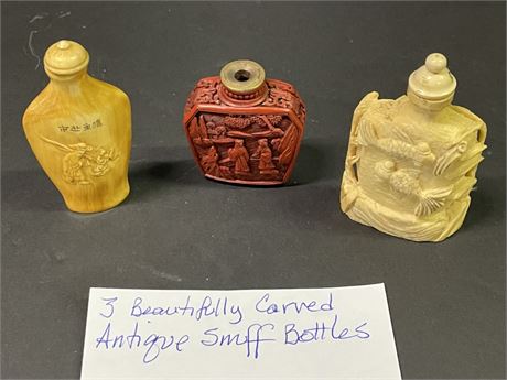 Beautifully Carved Antique Snuff Bottle Trio